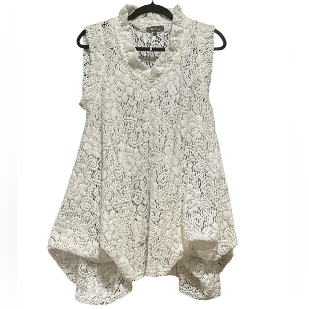 Gracia Italy Ruffle Neck Trapeze Top White sz S